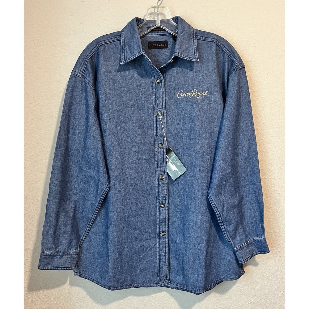 NWT Ultra Club Crown Royal Embroidered Women's Button Up Shirt Denim Size Medium